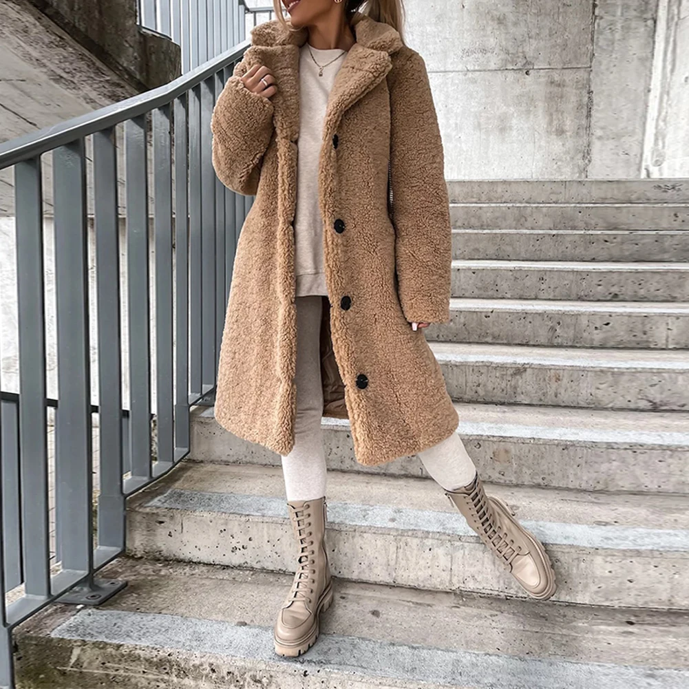 

Winter Vintage Women Coat Warm Fleece Long Sleeve Coat Mid-Length Loose Fluff Soft Outdoor Jacket Ladies Outwear Loose Coat
