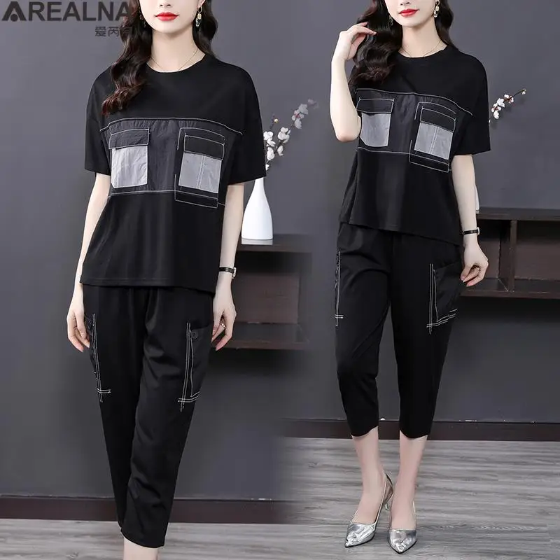 

2022 fashion tracksuit women patchwork short sleeve blouse harem pant suits casual Vintage loose 2 piece sets womens outfits 4XL