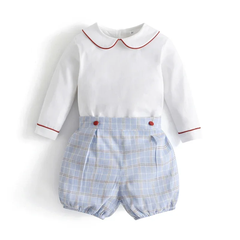 

Sister Brother Matching Baby Boy Clothes Set Child Plaid Bloomers White Shirts Spanish Boutique Boys Classic Outfit Clothing Set