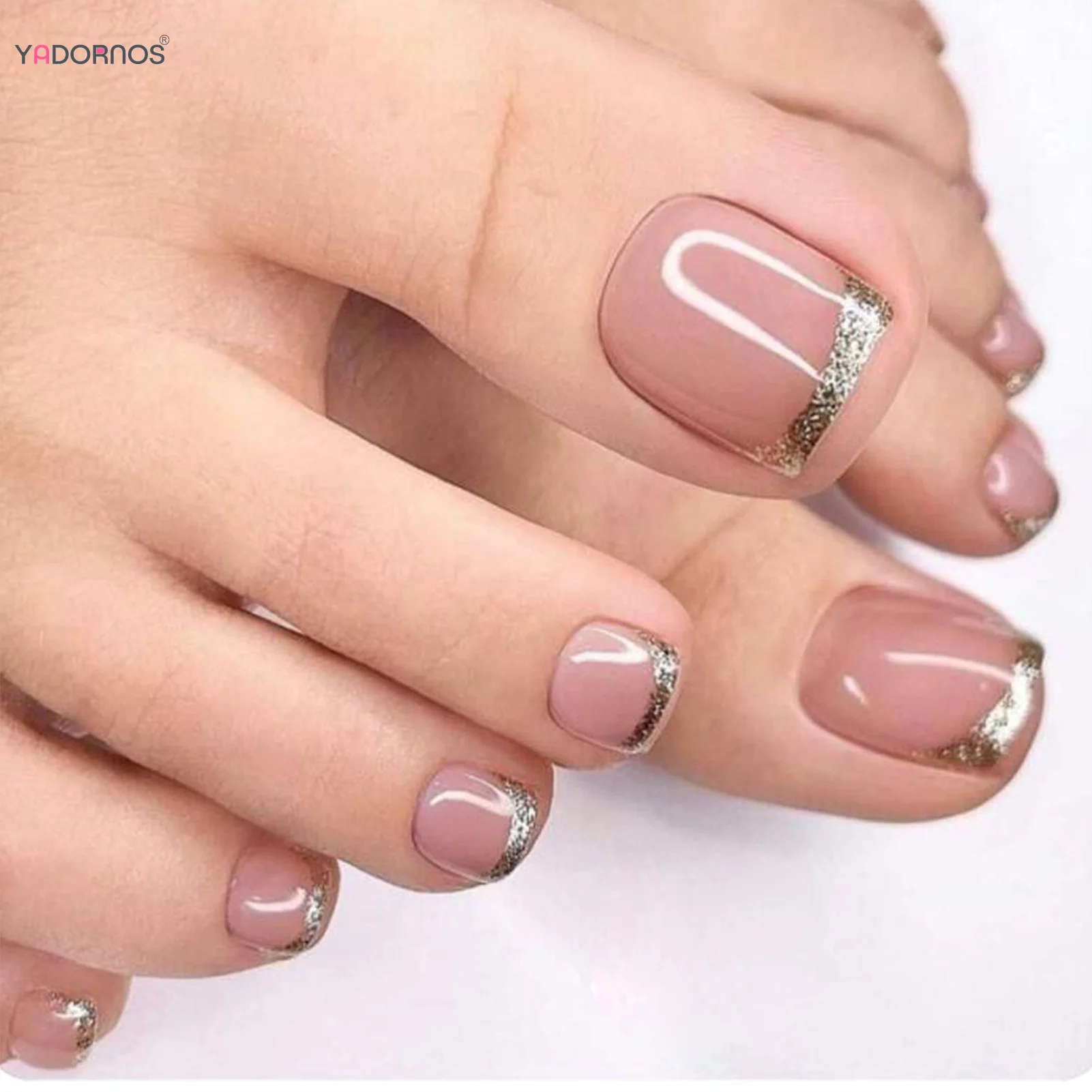 

Pink Press on Toenails Short Square Head Gold Glitter French False Toe Nails Ballerina Wearable Nude Color Fake Nails for Feet