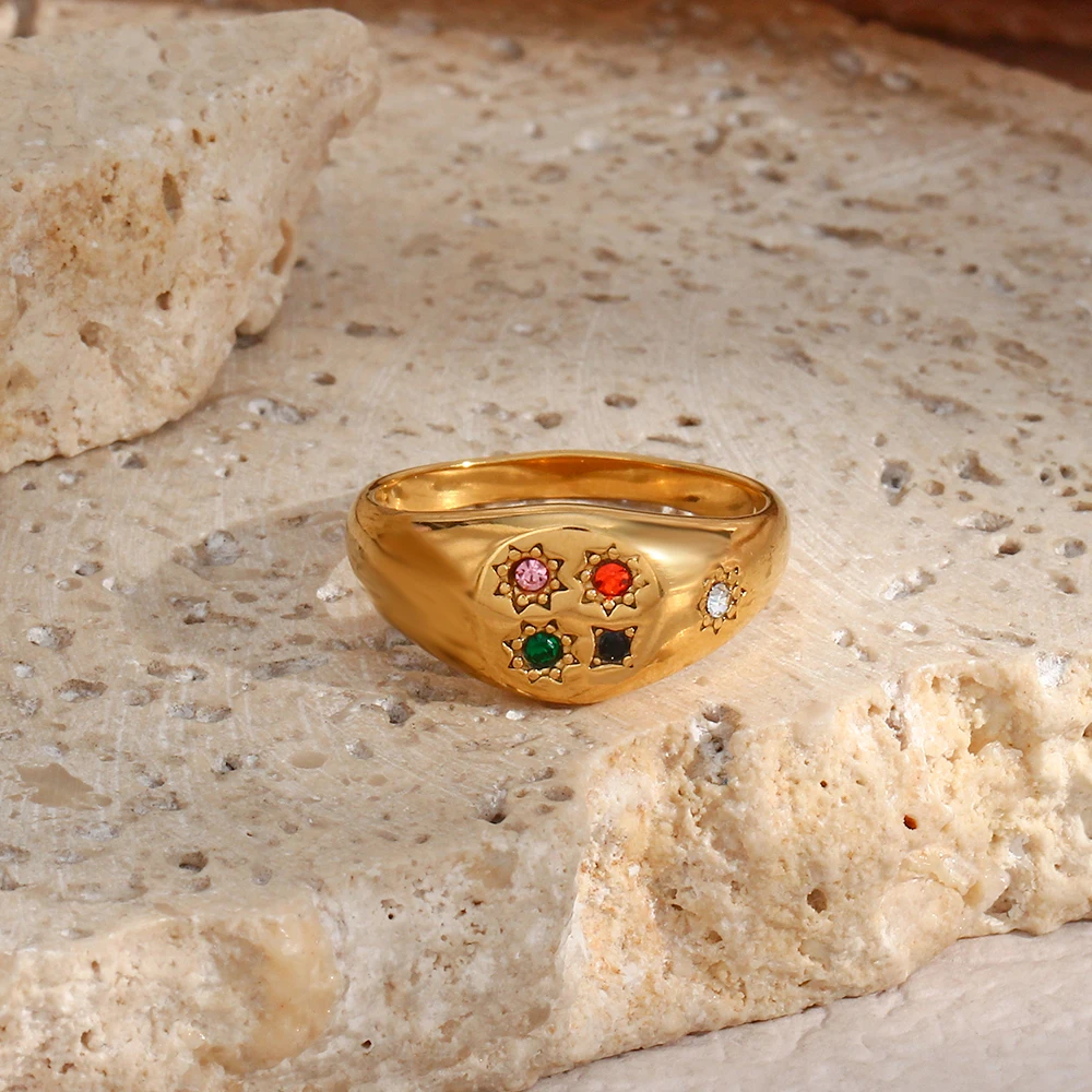 

Fine Polished Gold Plated Zircon Stone Rings For Ladies Girl's Cute Colorful Crystal Stainless Steel Ring Waterproof Jewelry
