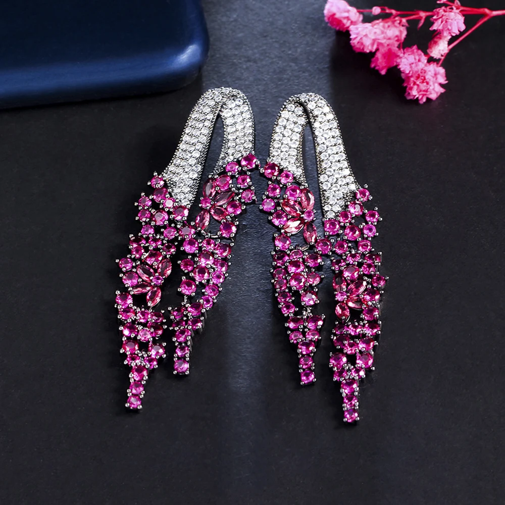 

ThreeGraces Hot Pink Cubic Zirconia Long Dangle Drop Party Earrings for Women Brazilian Fashion Black Gold Color Jewelry ER861