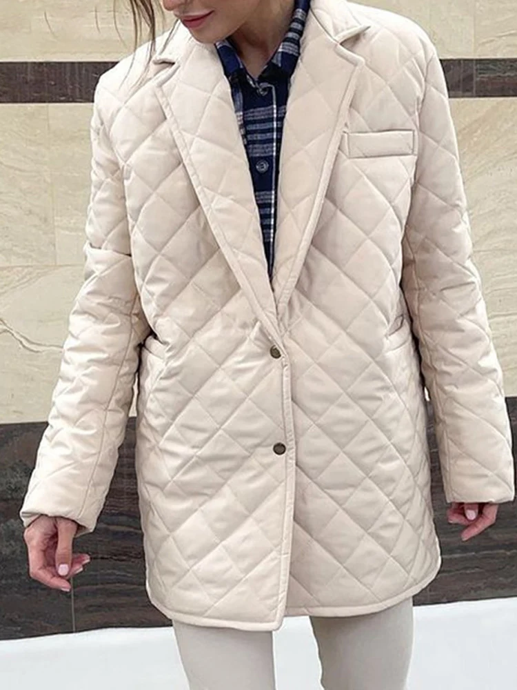 Warm Slim Vintage Women Parkas Coats Notched 2022 Autumn Winter Single Breasted Elegant Jackets Prockets Buttons for Office Lady