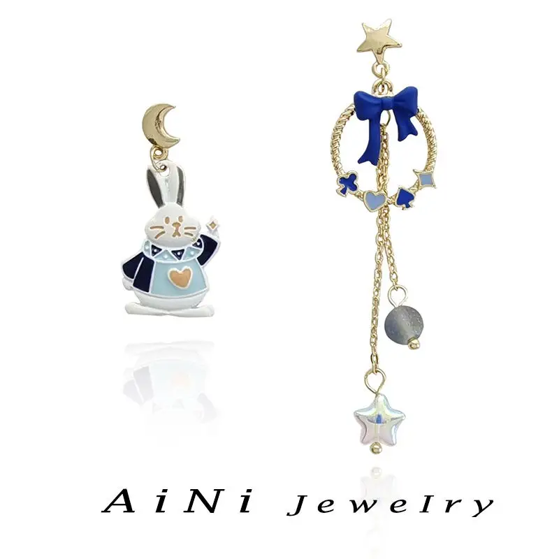 

Trendy Jewelry 925 Silver Needle Blue Rabbit Bowknot Earrings Hot Sale Cartoon Asymmetrical Tassel Earrings For Women Girl