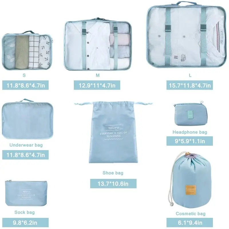 Travel Packing Cubes Set 8Pcs Lightweight Luggage Organizer Bag Blue