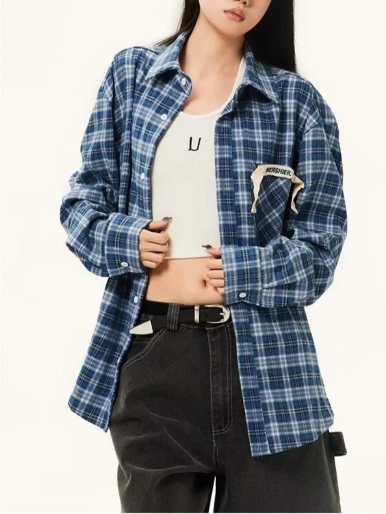 Женские рубашки в клетку с американскими карманами нишевой дизайн весна-осень