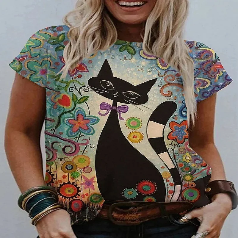 

Abstract 3D cat print T-shirt for women, sweater, short sleeve, women's casual fashion