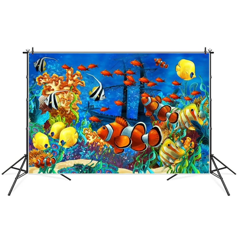 

Clownfish Aquarium Birthday Party Decoration Photography Backdrops Baby Seabed Coral Bubble Pirate Ship Photographic Backgrounds