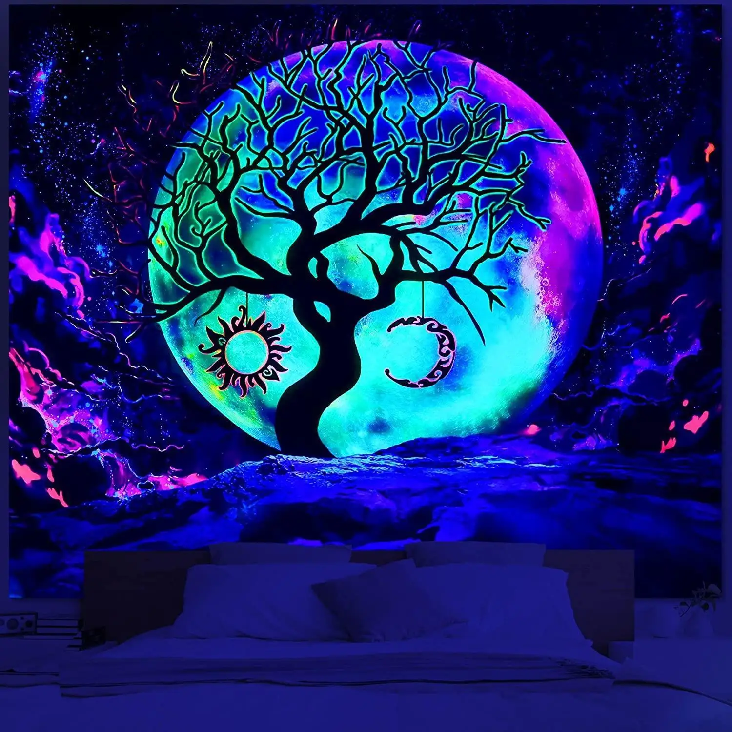 

Black Light Moon Tapestry Milky Way Tree Of Life Tapestry Psychedelic Mountain Stars Night Sky UV Art Aesthetics Wall Decoration