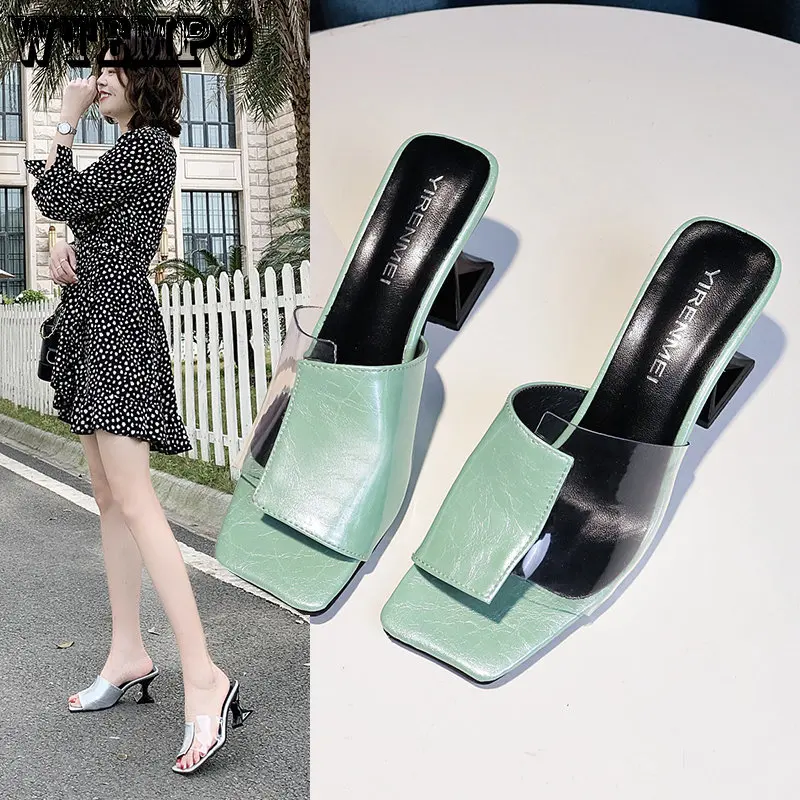 WTEMPO Women Strange Heels Shoes Patchwork Femmes Clear Sandales Square Open Toe Platform High Heels Slippers Wholesale