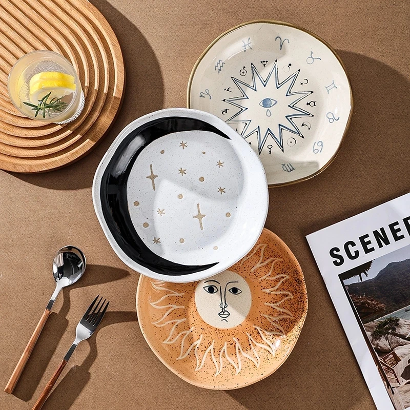

Japanese Creative Sun Moon Constellation Pottery Deep Plates Vintage Salad Plate Handmade Dinner Serving Dishes Home Dinnerware