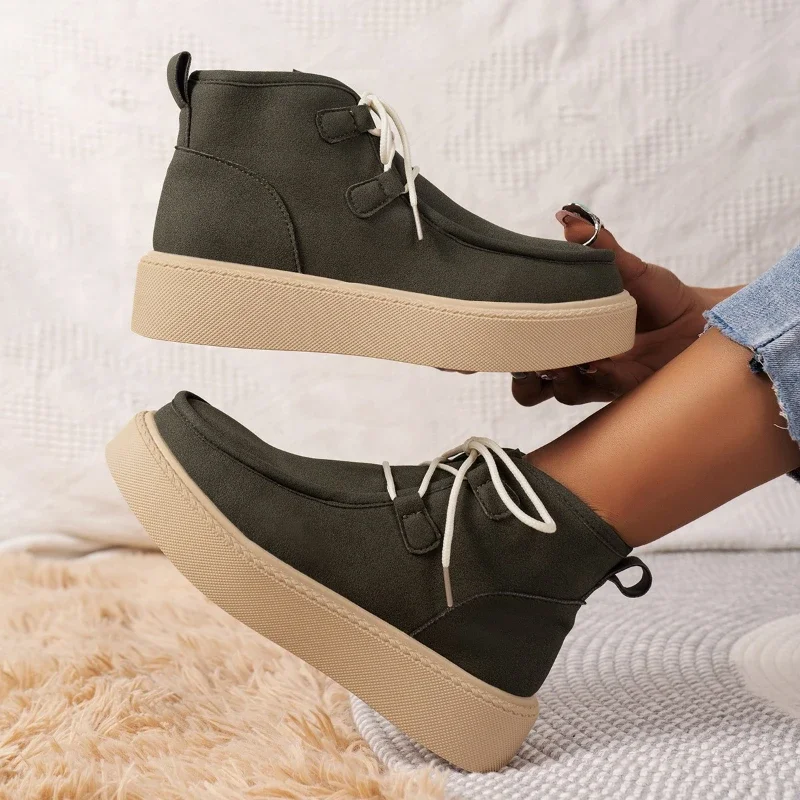 

2024 New Womens Shoes Fashion Plus Size Ankle Boots Women Solid Round Toe Cotton Shoes Lace Up High Top Couple Shoes Brown Boots