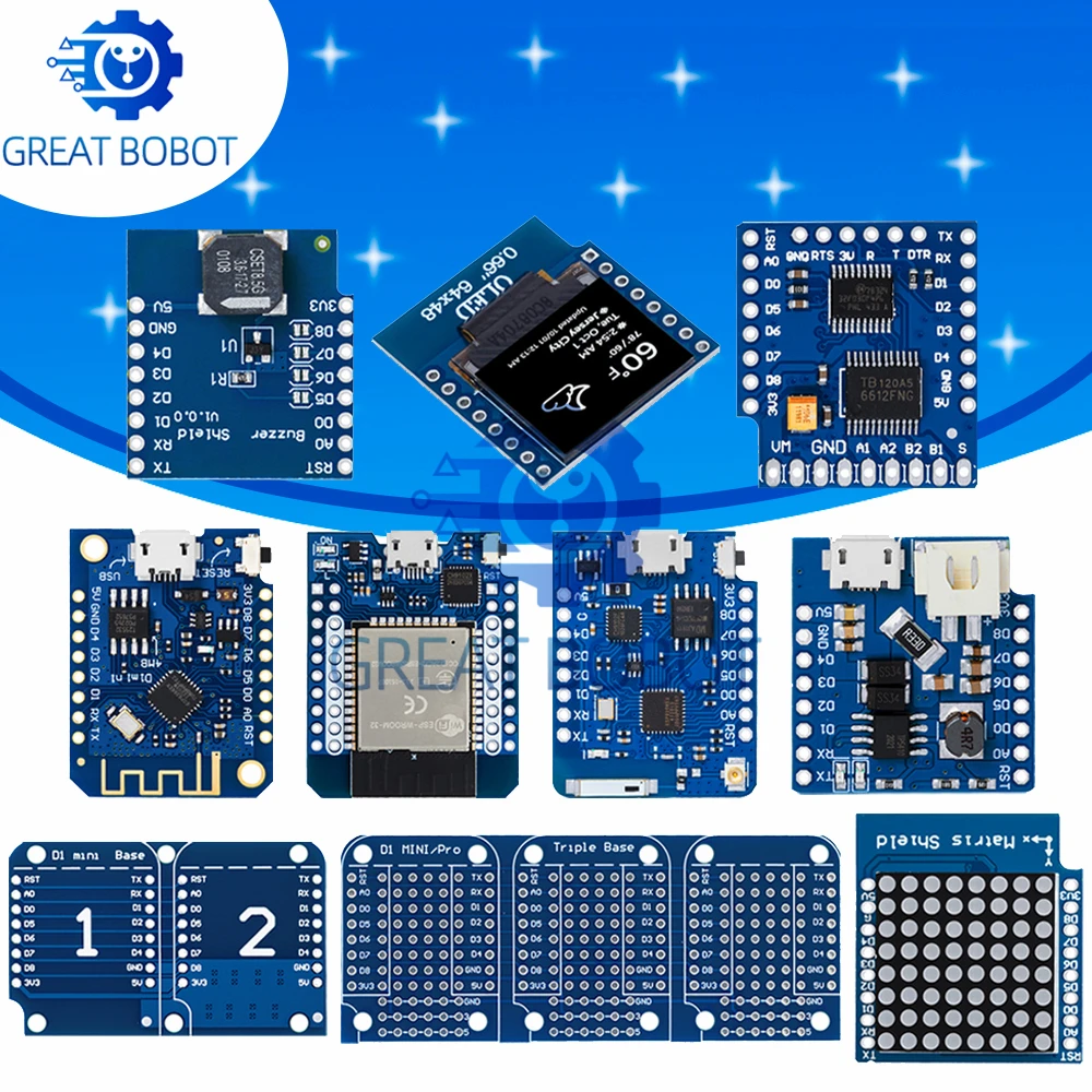 Фото Набор для начинающих ESP8266 D1 Mini Pro WiFi с OLED-дисплеем, датчиками DHT22, DS18B20, реле и драйвером двигателя для Arduino №1