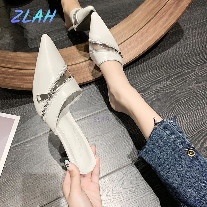 

Summer Women's Slippers Mules Zlah Metal Decoration Women's Slippers Fashion Women's Shoes Pointed Toe Women's Slippers
