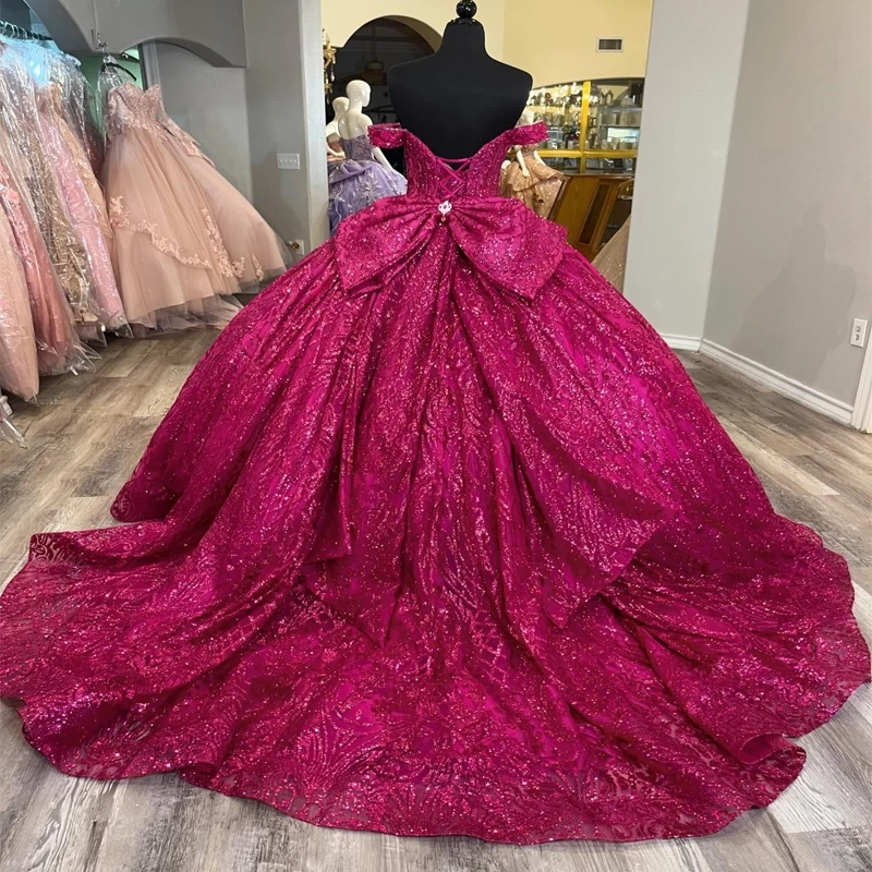 Розово-красные блестящие платья принцессы Quinceanera с открытыми плечами Gillter