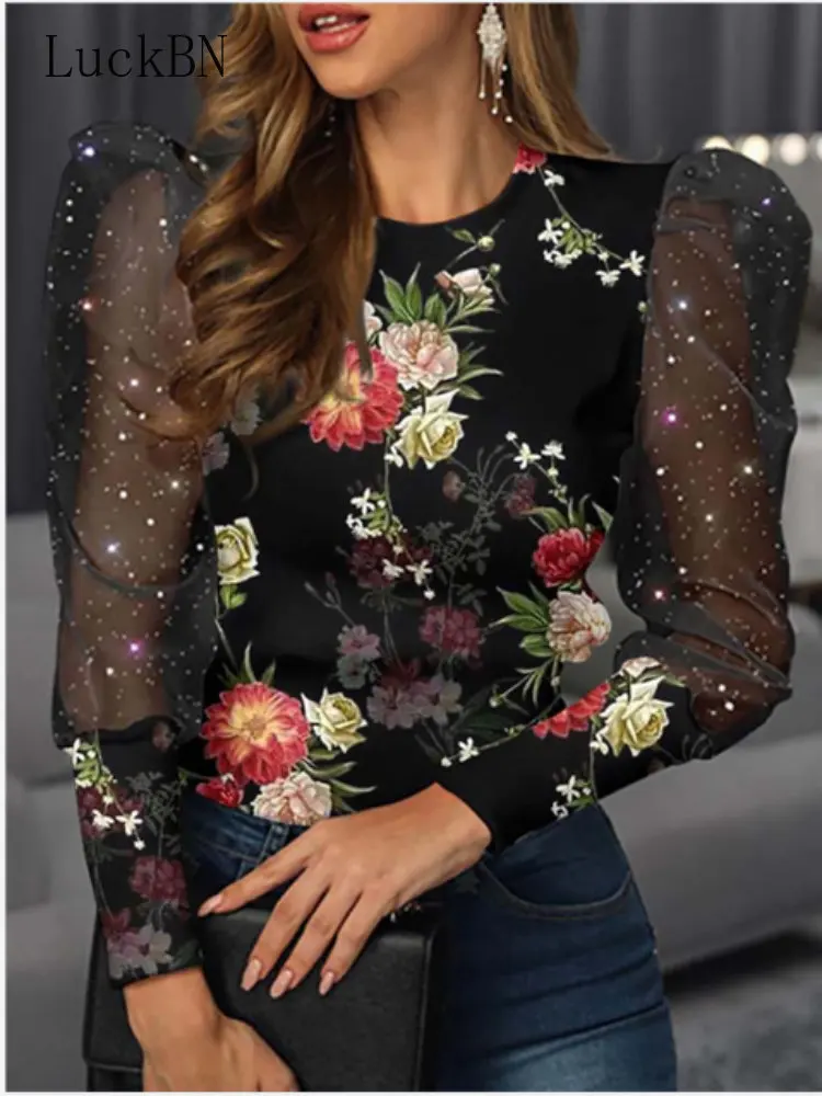 

Sweet Elegant Printed Chiffon Shirt 2022 Spring Office Women's Perspective O Neck Long Sleeve Slim Fit Pullover Women's Clothing