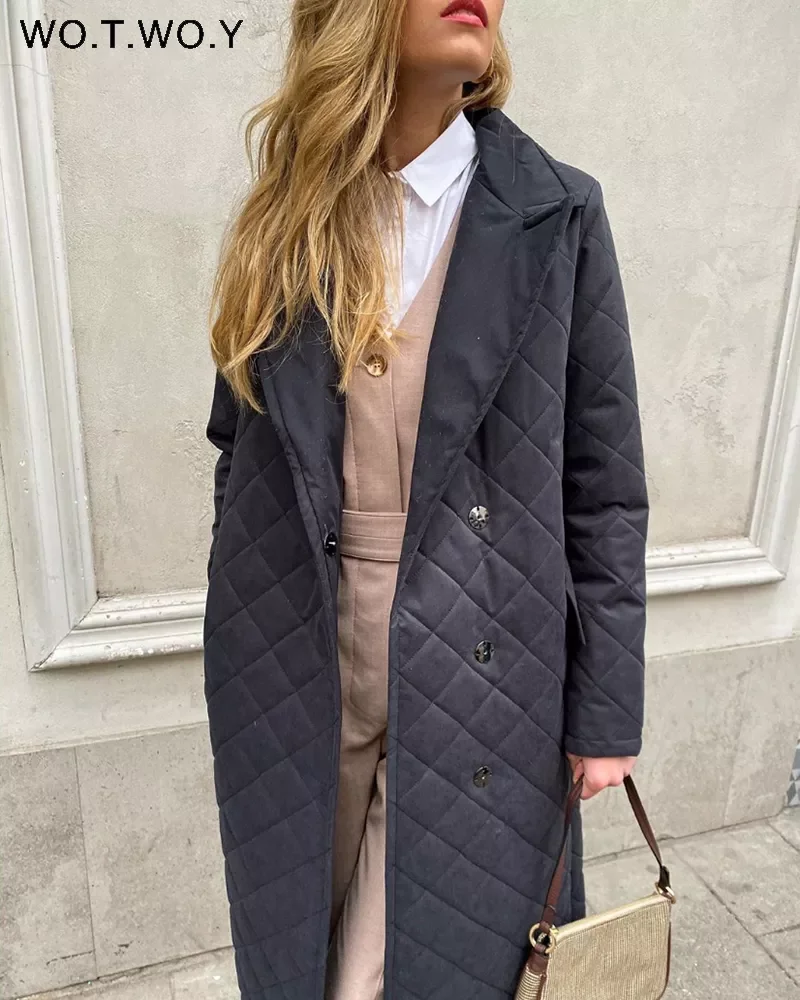 

WOTWOY Cotton-Liner Argyle Winter Down Jackets Women Slim Fit Thick Long Padded Parkas Female Solid Casual Snow Coat Windbreaker