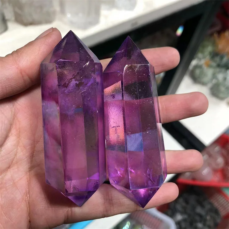

Полированные кварцевые бриллиантовые фиолетовые камни с двойной палочкой, естественное исцеление, украшение для дома