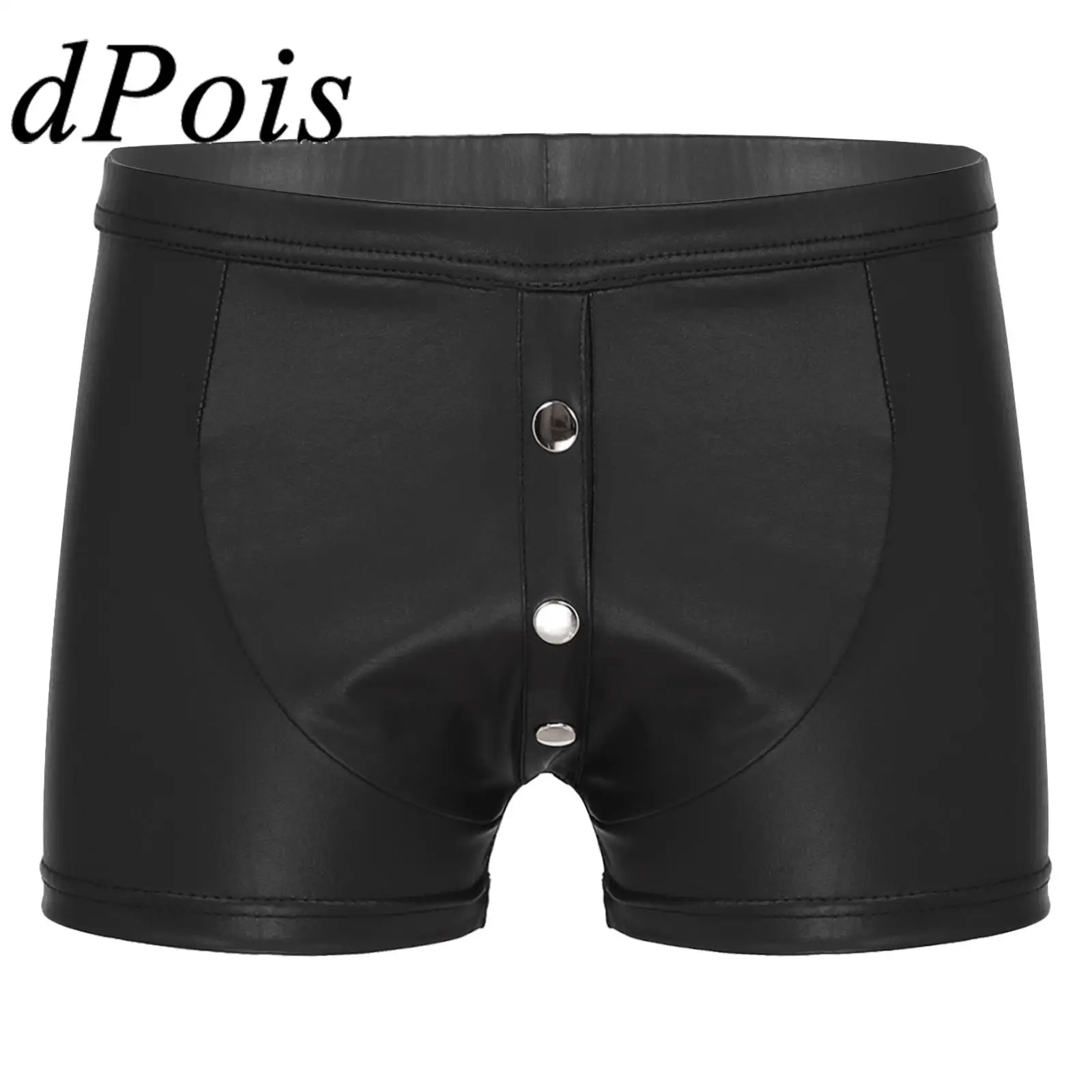 

Mens Faux Leather Shorts Underwear Button Front Boxer Briefs Man's Shorts Nightclub Bar Stage Performance Costume Homme Clubwear
