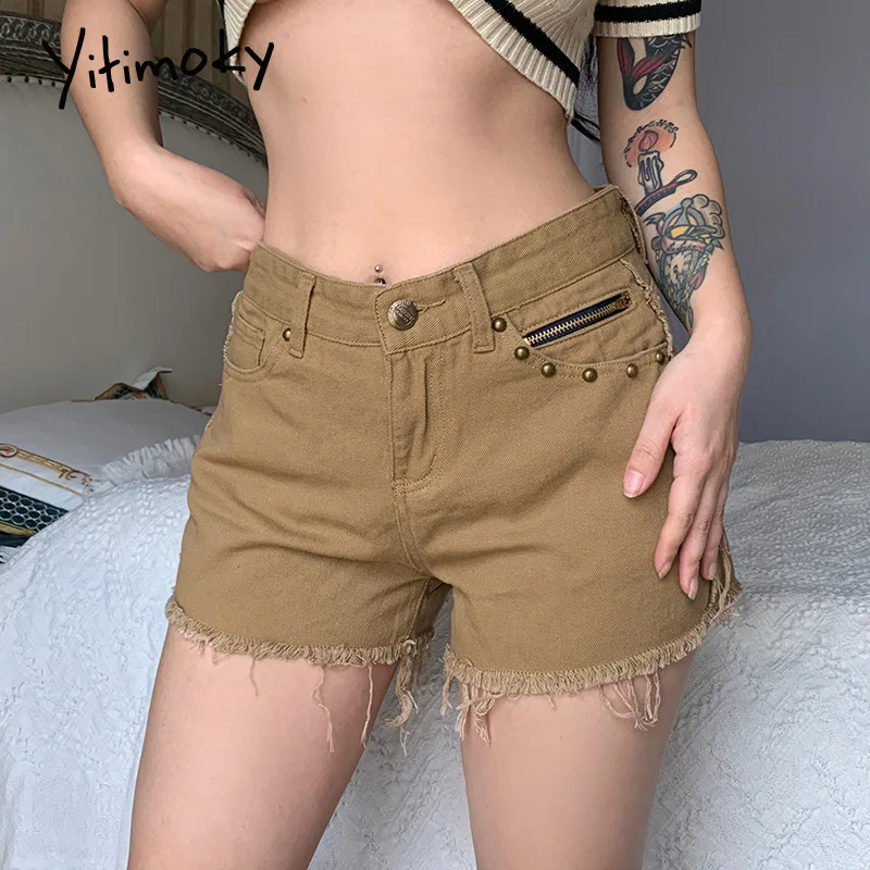 

Yitimoky Khaki Solid Ripped Low Waist Denim Shorts Women Summer 2022 Vintage Vacation Outfits Casual Streetwear Straight Bottoms
