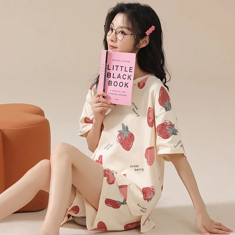 Pajamas for Women's Summer Pure Cotton Small Fresh and Sweet Short-sleeved Shorts Home Suit Breathable Nightwear with Round Neck