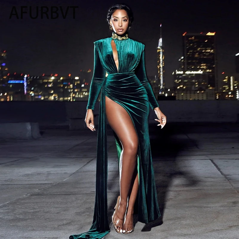 Women Elegant Velvet Prom Dress Sexy Hollow Out Crew Neck Long Sleeve High Split Fashion Evening Party gowns