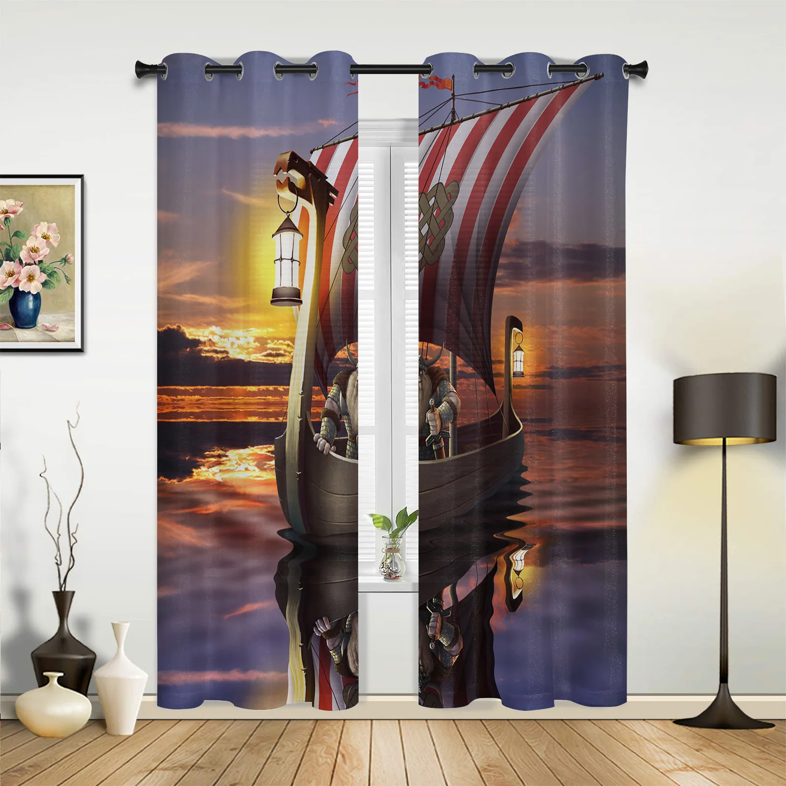

Sea Pirate Ship Dusk Art Curtains for Bedroom Living Room Drapes Kitchen Children's Room Window Curtain Modern Home Decor