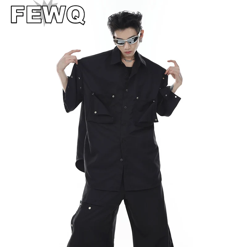 

FEWQ 2023 Summer Fashion Men's Short Sleeve Shirts Trendy Metal Button Casual Shoulder Pad Tops Niche Design Streetwear 9A8384