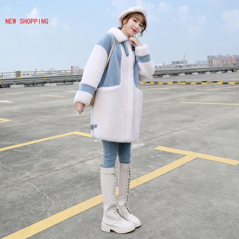 Fashion Long Teddy Coat Jacket Women 2023 Autumn Winter Warm Lambswool Jackets Blue Faux Fur Coat Fur Female Outerwear Vintage