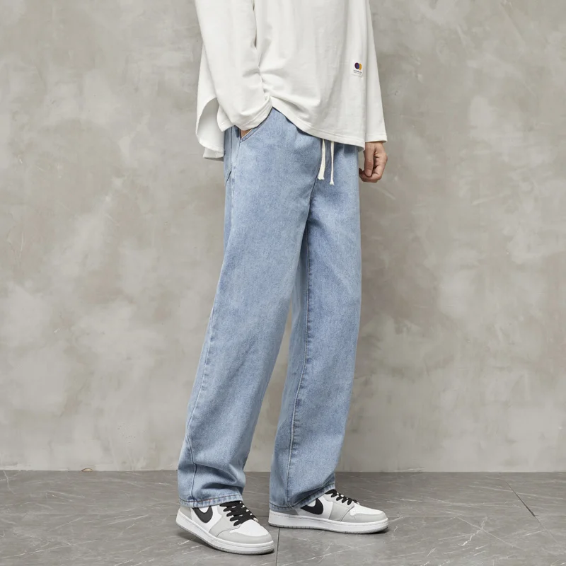 Blue Black Drawstring Baggy Jeans Men Fashion Casual Wide Leg Jeans Mens Streetwear Loose Hip Hop Straight Denim Pants Men S-2XL