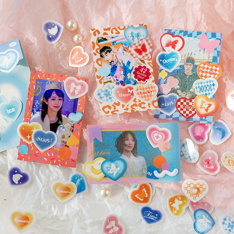 

45pcs Cute Heart Shape Sticker Laser Photo Frame Scrapbooking Kpop Idol Card Album Stick Label Kawaii Stationery