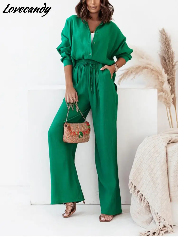 

Causal Loose Women 2Piece Sets Long Sleeve Shirt With High Wasit Lace-up Trousers Sets 2022 Spring Female Elegant Office Outfits