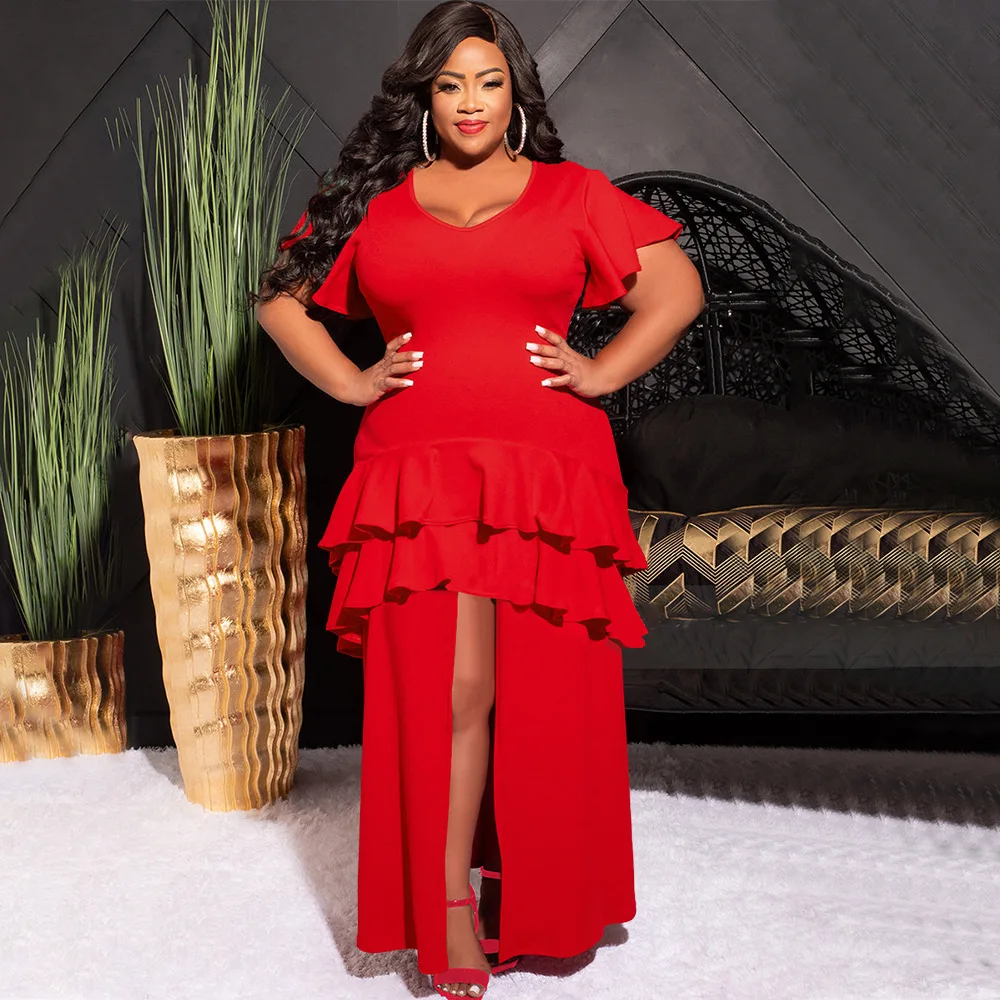 

Plus Size Women Party Dress Solid Ruffle Split Evening Dress Female Luxury Designer Large Cloth 2023 Spring Birthday Dinner Robe