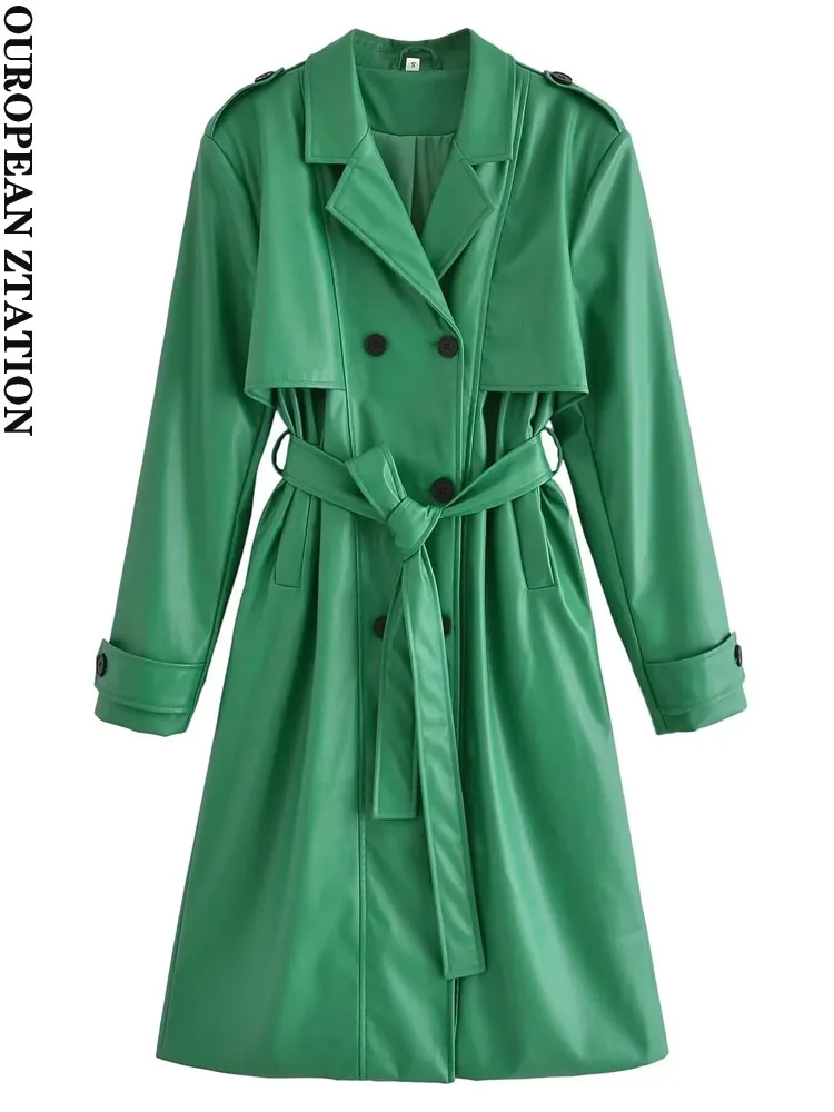 

PAILETE Women 2022 fashion with belt faux leather trench coat vintage long sleeve welt pockets female outerwear chic overcoat