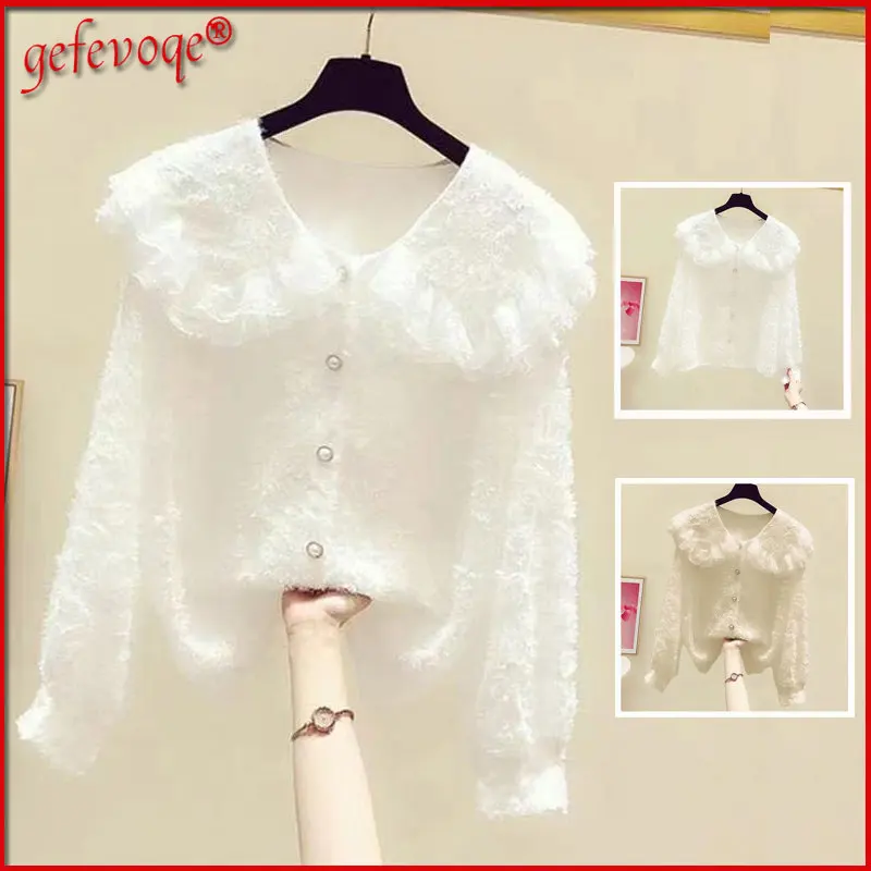 

Женская кружевная блузка на пуговицах, Повседневная однотонная Свободная блузка с оборками и длинным рукавом, новинка весны-лета 2022