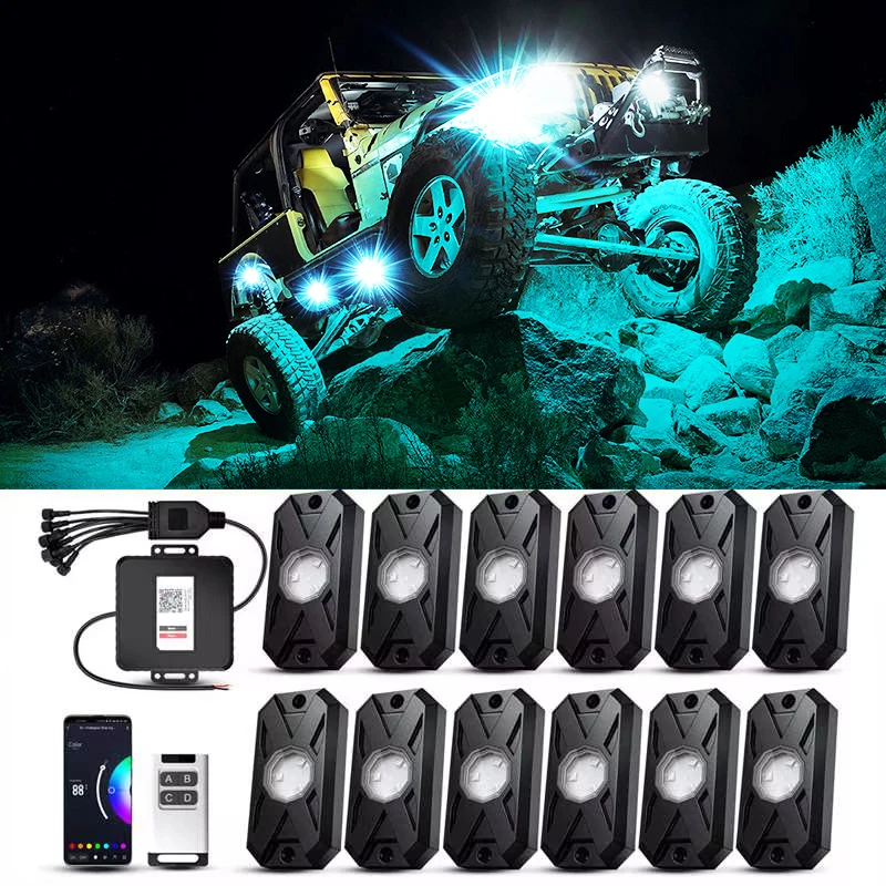 

Underglow Rock Lights 8/12 Pods RGB Led Многоцветное приложение Дистанционное управление Музыкальный режим Хорошо для пикапа ATV RZR UTV Освещение шасси