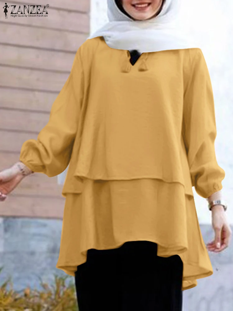 

Модная женская осенняя Повседневная рубашка ZANZEA с длинным рукавом, однотонная одежда на шнуровке в мусульманском стиле, Рамадан, блузка с о...