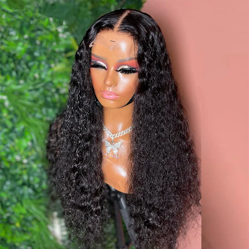 

Preplucked Soft 26Inch Long 180% Density Glueless Natural Black Kinky Curly Lace Front Wig With BabyHair Heat Temperature Daily