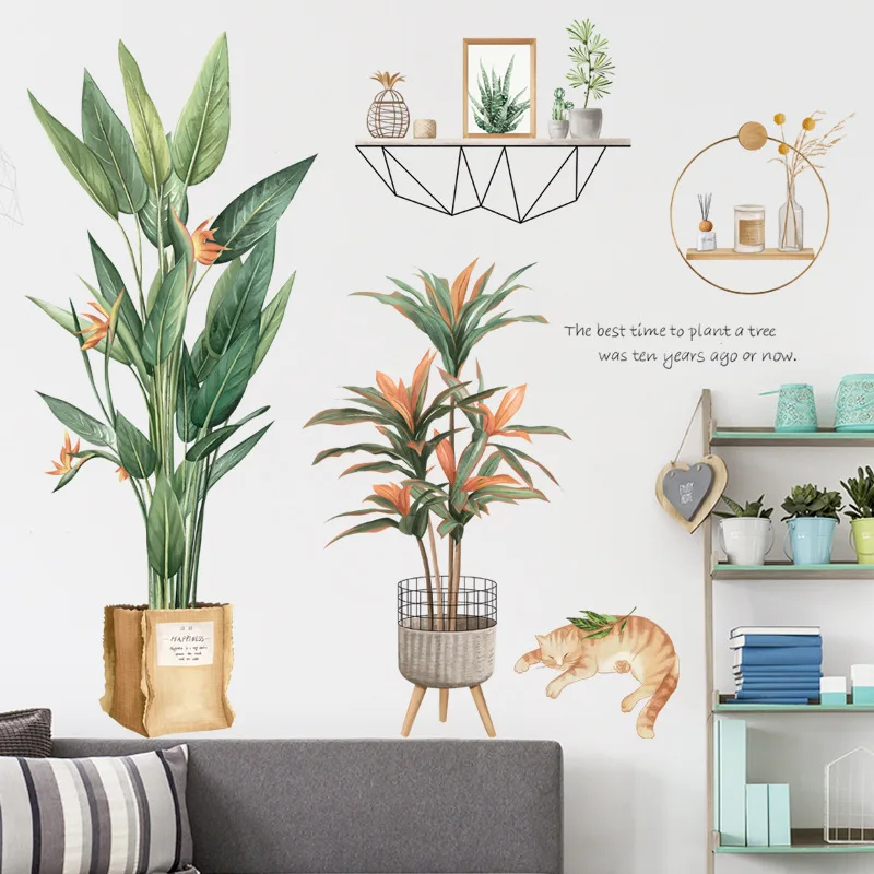 

Green Plants Wall Stickers Removable Home Decoration Puppy Cat Wall Decals Leaf Leaves Wall Posters Art Murals Office Decor