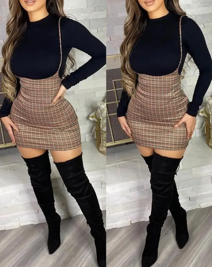 

2022 Autumn Winter Fashion Long Sleeve Top Plaid Print Suspender Skirt Set Party Elegant Casual Women Party Tracksuits Outfits