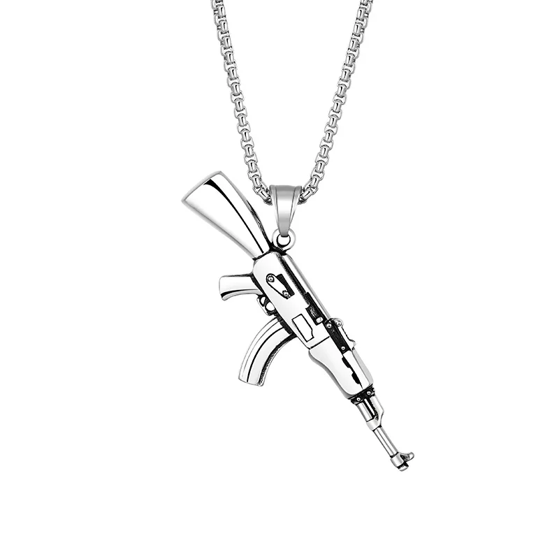 

New Fashion 925 Sterling Silver Hip-hop AK47 Submachine Gun Pendant Necklace Jewelry Gothic Style Viking Wolf Rifle Creativegift