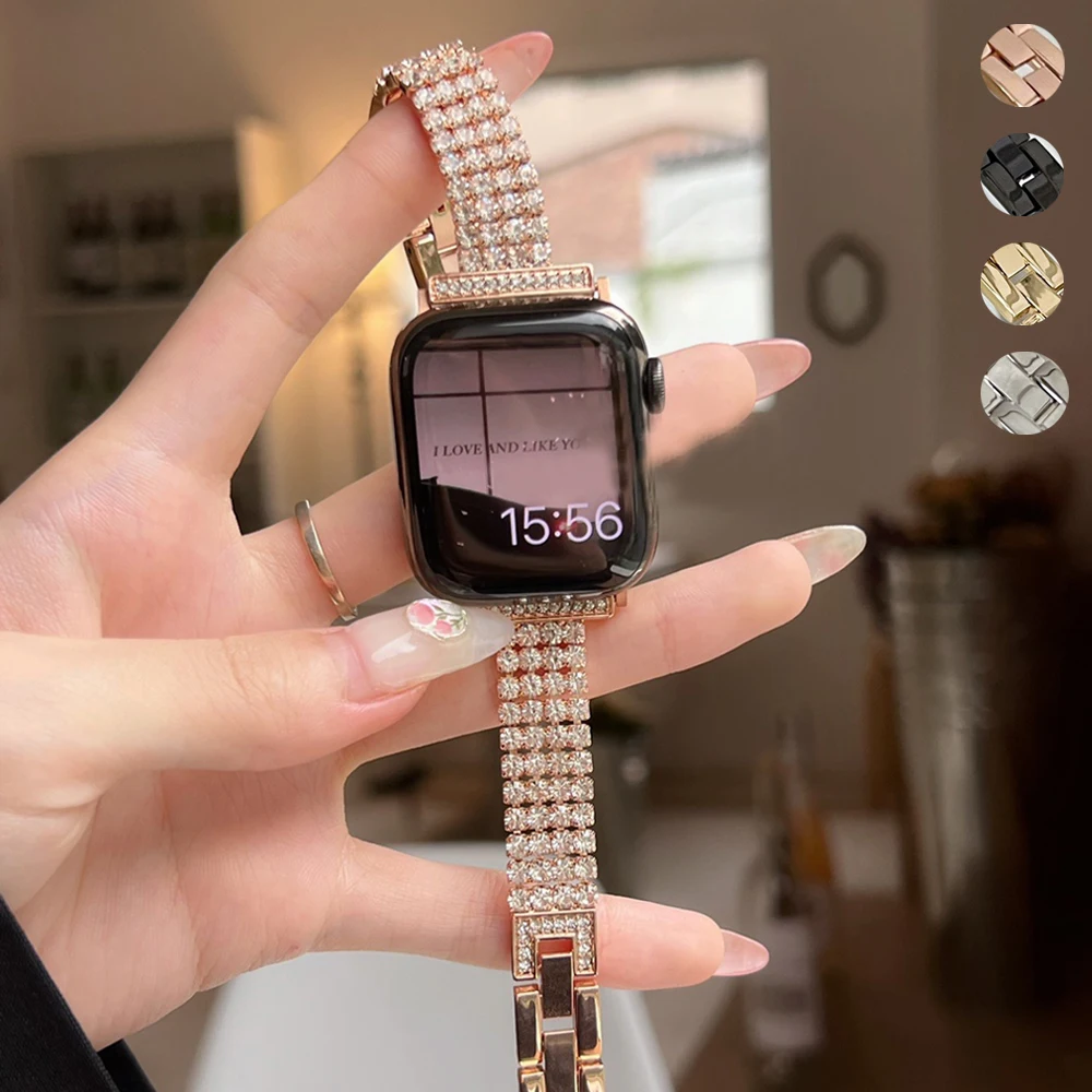

Алмазный браслет для Apple watch band 6 SE 5 38 40 42 мм 44 45 мм 41 мм, металлический ремешок из нержавеющей стали для iWatch series 4 3 2 7 6 5