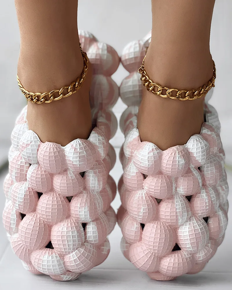 Women Fashion Summer Shoes Flat Homewear Colorblock Non Slip Soft Bubble Slippers Sandals