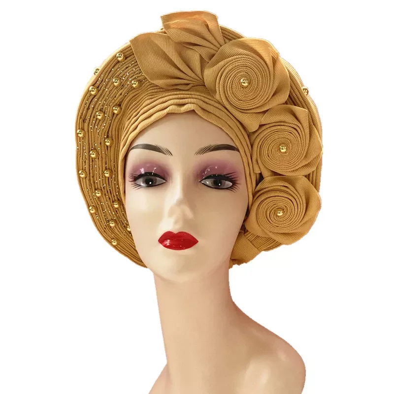 

NEW2023 Nigerian Already Made Gele Headtie Gold Aso Oke Gele With Gold Beads Auto Gele Aso Ebi Headtie African Turban Cap For Wo