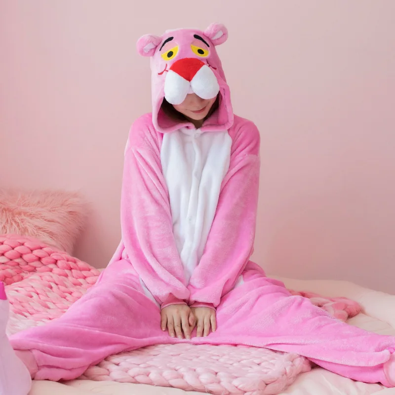 Unisex Winter Warm One-Piece Cartoon Pink Leopard Pajamas With Yellow Eye And Medium Length Tail Cute Comfort Sleepwear Cosplay
