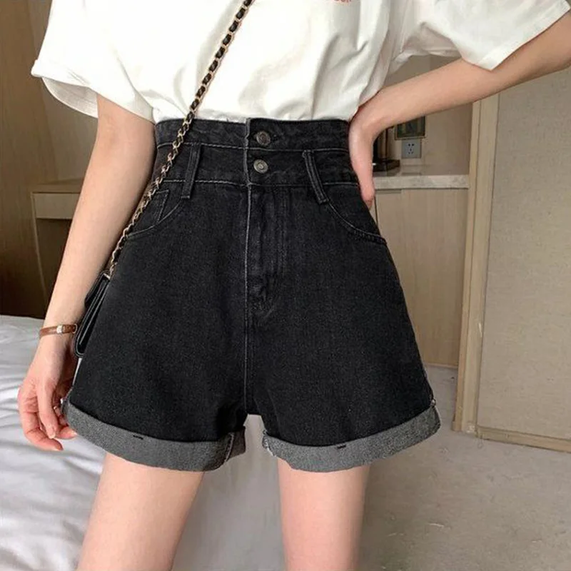 New Spring Summer Women Light Blue High Waist Loose Jeans Shorts Streetwear Ladies Denim Mini Zipper A-line Shorts