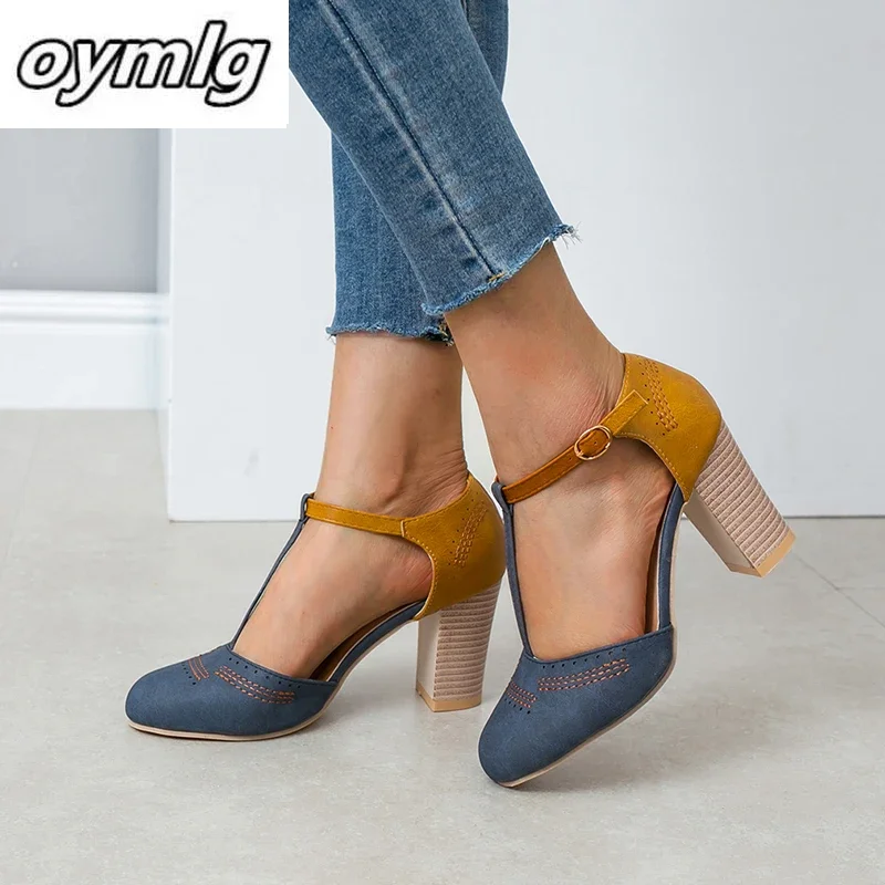

Women's Chunky High Heel Sandals, Colorblock Ankle Buckle Strap T-strap Shoes, Casual Round Toe Pumps