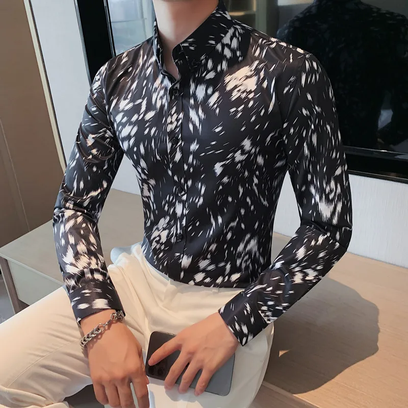 Vintage Print Shirts for Men 2022 Autumn Long Sleeve Casual Slim Business Formal Dress Shirt Social Party Blouse Men Clothing