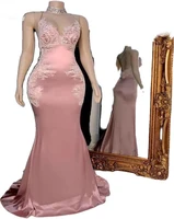 real photos pink mermaid evening dress with lace sexy spaghetti straps v neck satin prom dresses for black girl night party wear