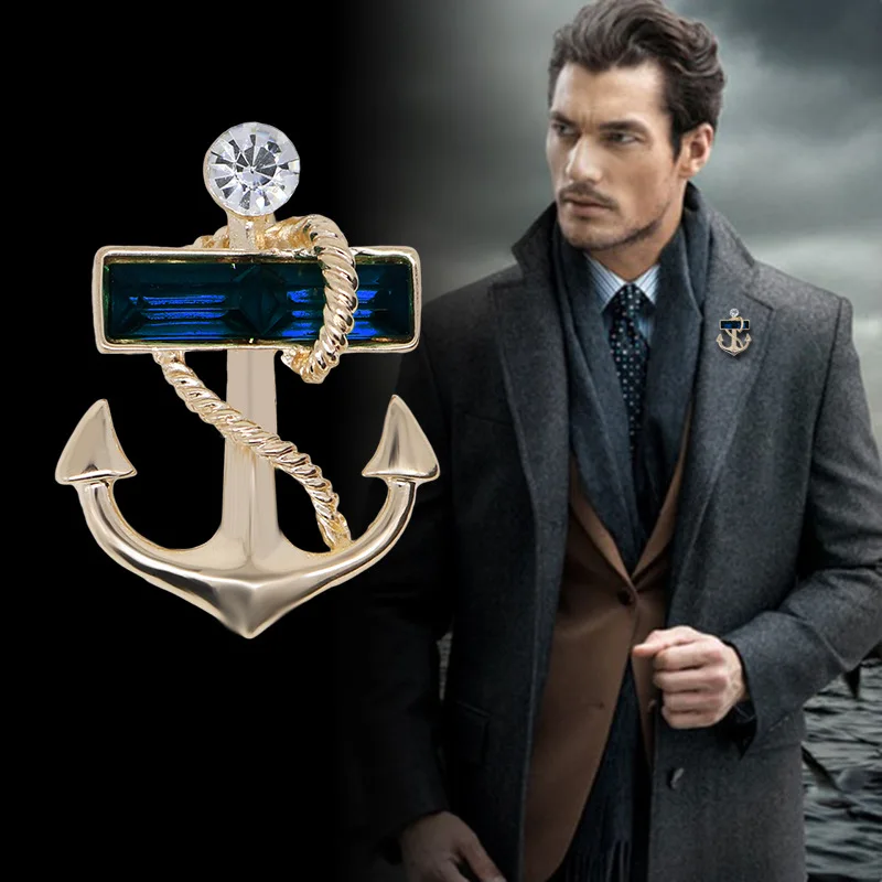 

Fashion Rudder Anchor Brooches Lapel Pin Crystal Rhinestone Men's Suit Shirt Collar Pins Luxulry Jewelry Badge Accessories